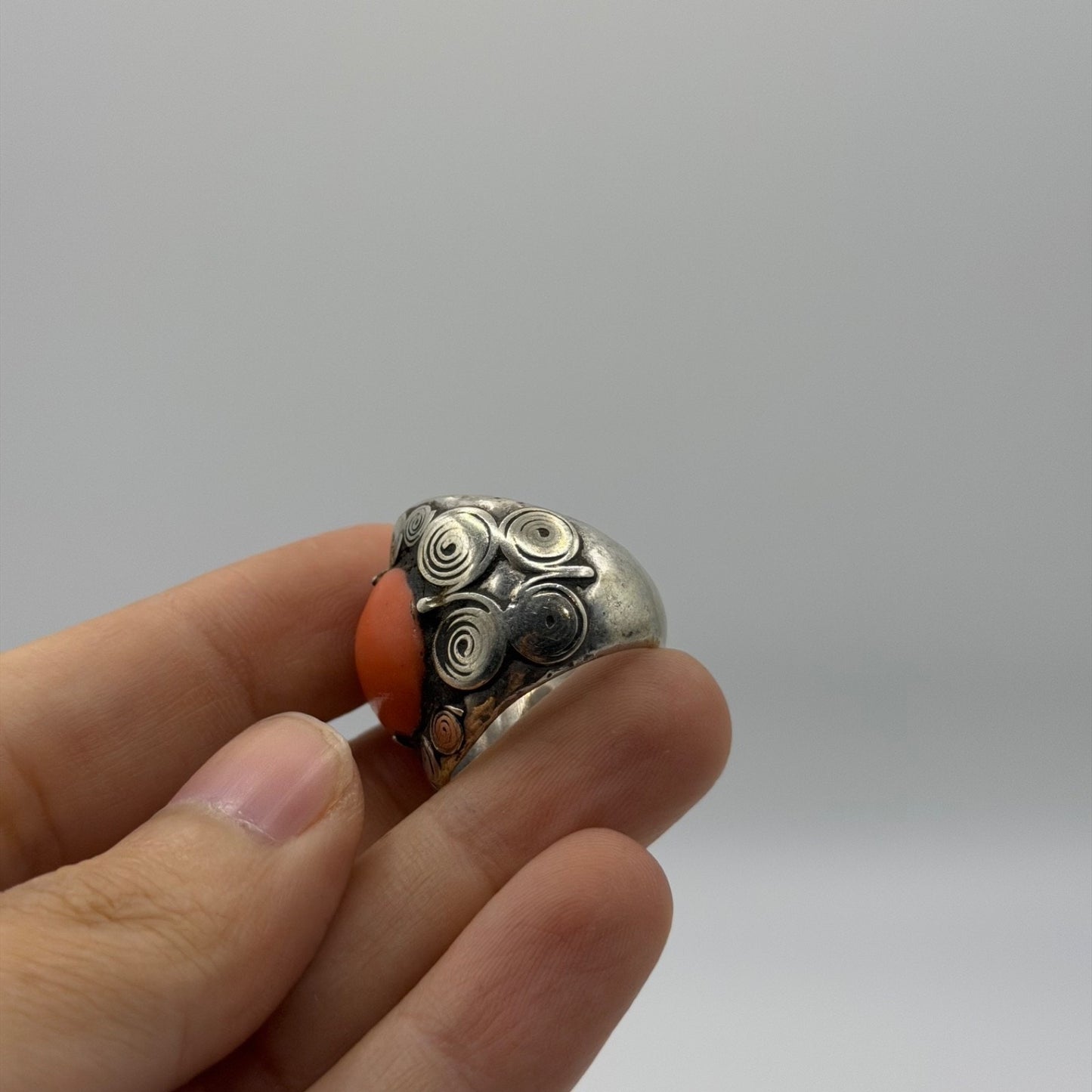 Silver Swirl Design Ring with Round Coral Cabochon