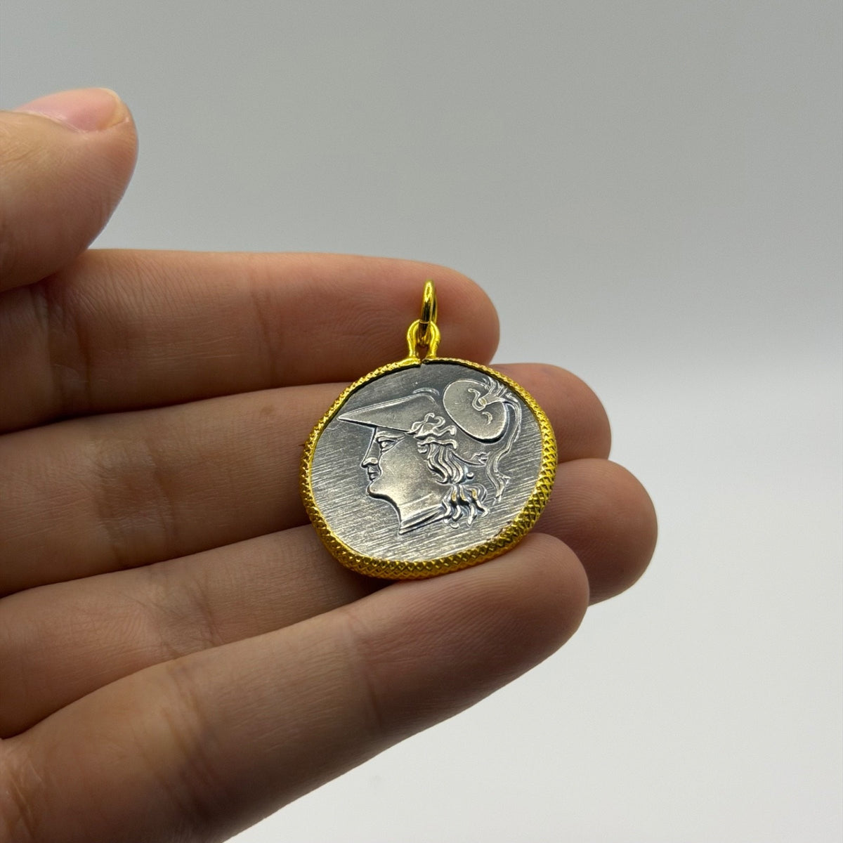 Ancient Roman Greek Style Silver & Gold Tone Coin Pendant