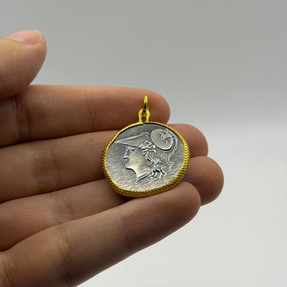 Ancient Roman Greek Style Silver & Gold Tone Coin Pendant