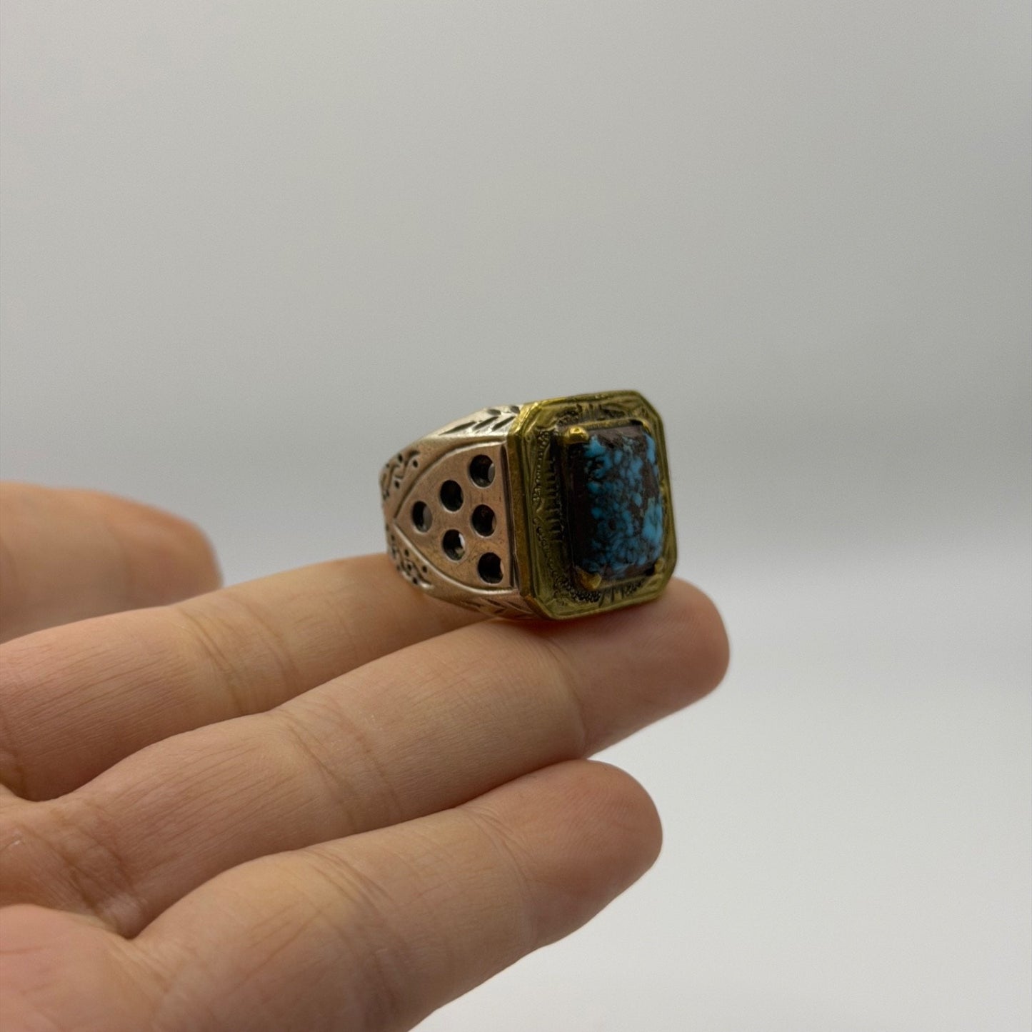 Silver Etched Ring with Square Turquoise Matrix Stone, Pierced Sides