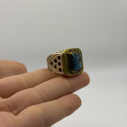 Silver Etched Ring with Square Turquoise Matrix Stone, Pierced Sides