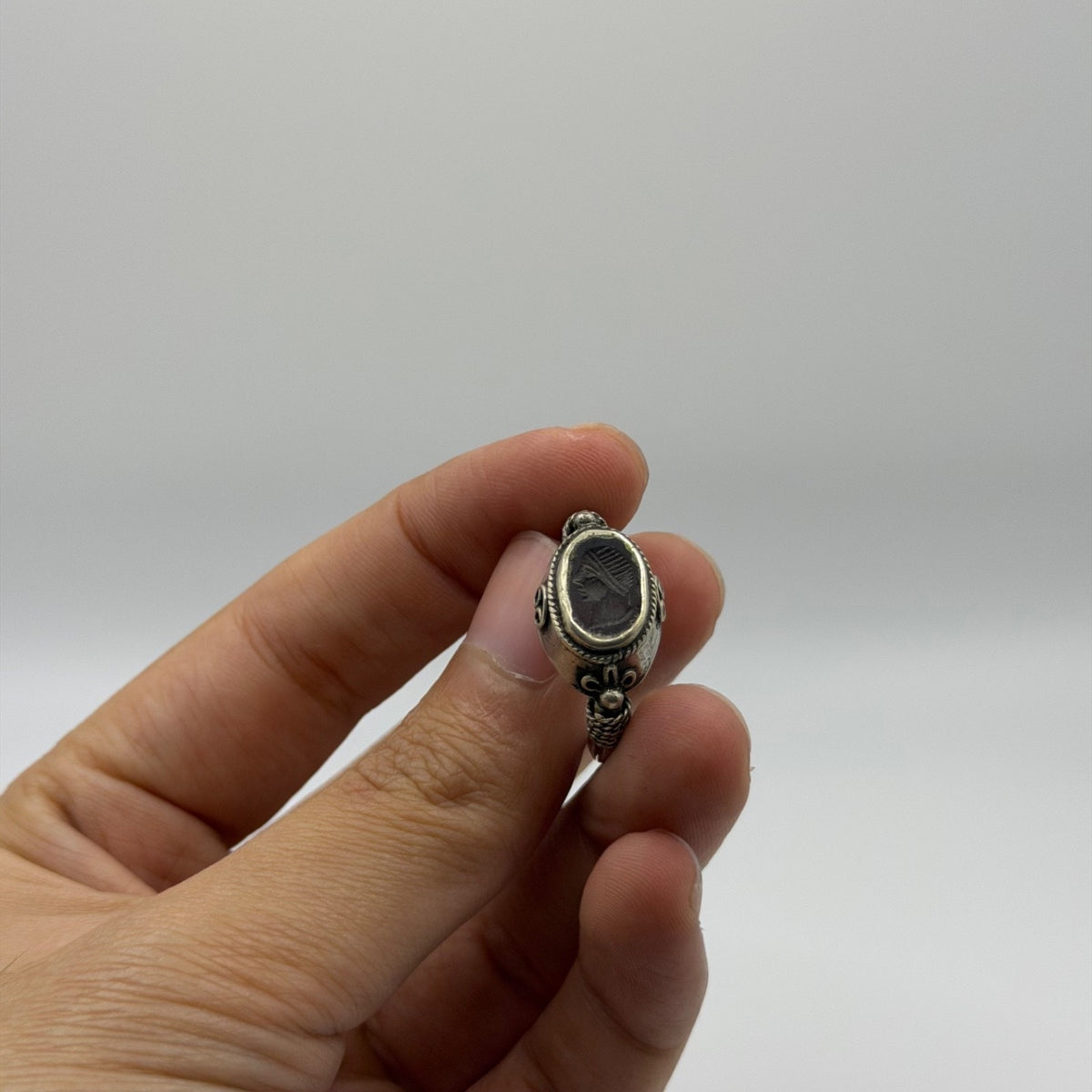 Ancient Roman Inspired Silver Ring With King Portrait Intaglio