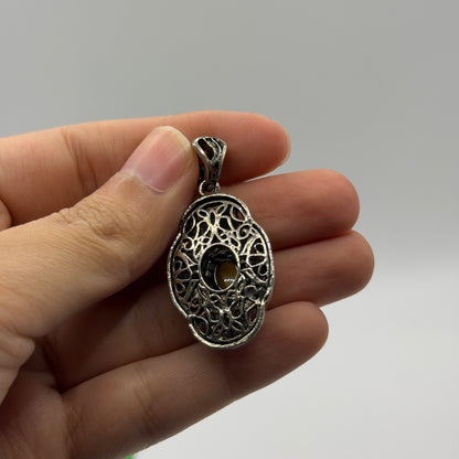 Vintage Silver Tone Enamel Butterfly Oval Pendant Yellow Cabochon