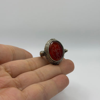 Vintage Silver Intaglio Carved Carnelian Portrait Seal Ring Roman Inspired