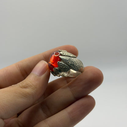 Vintage Silver Red Gemstone Ring Unique Floral Petal Claw Setting Statement