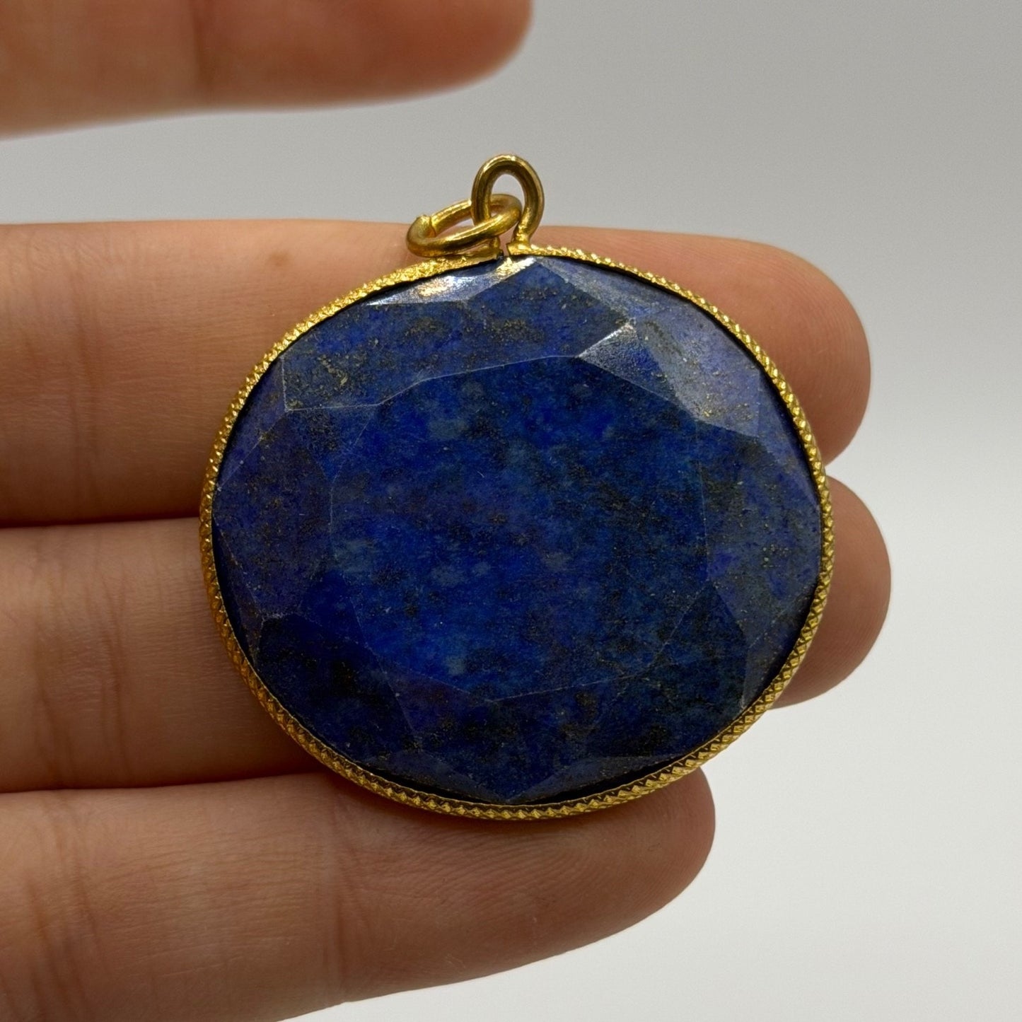 Natural Afghan Lapis Lazuli Pendant Faceted Round Blue Gemstone Gold Tone Frame