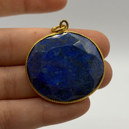 Natural Afghan Lapis Lazuli Pendant Faceted Round Blue Gemstone Gold Tone Frame