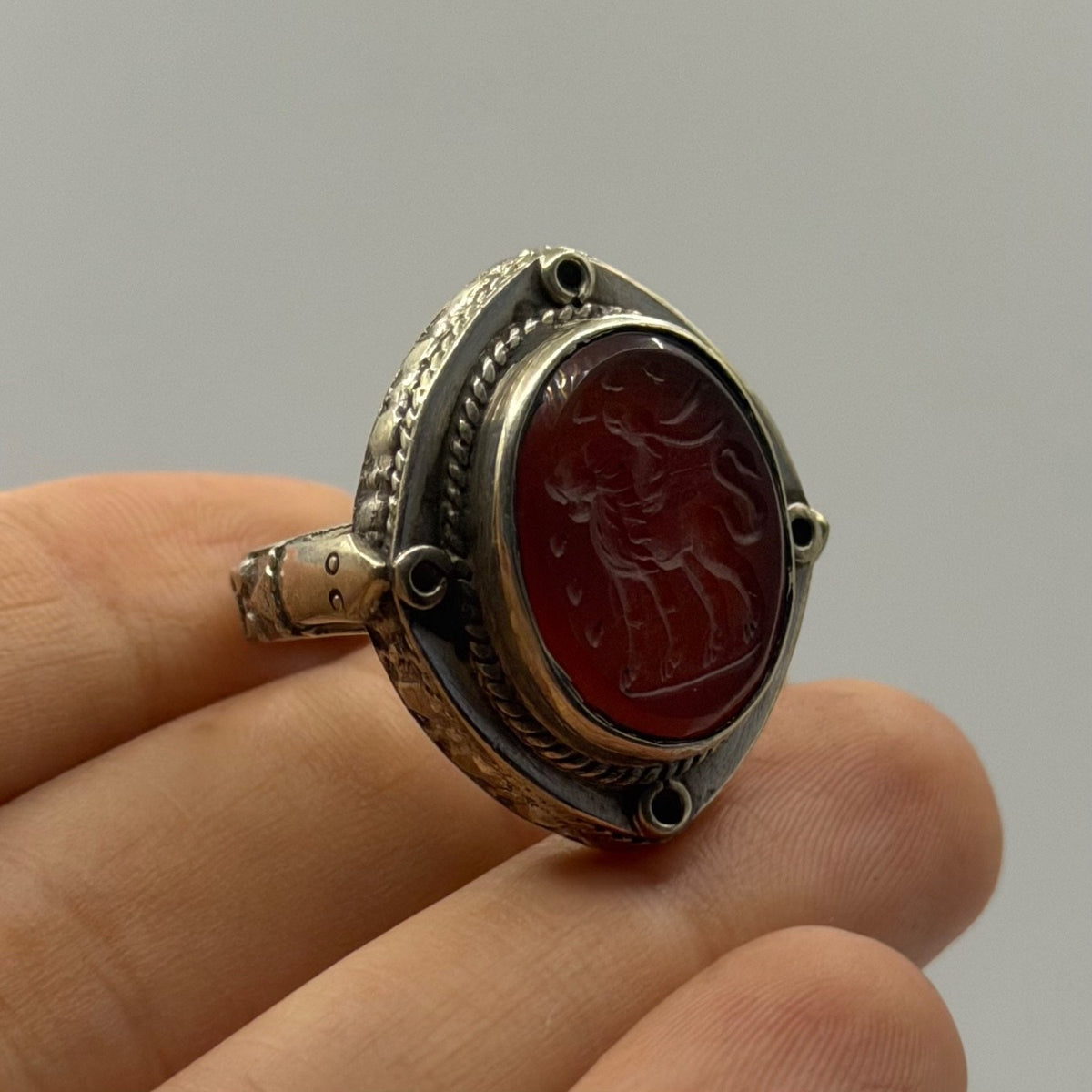 Vintage Silver Ancient Roman Style Intaglio Ring Carved Red Carnelian Seal