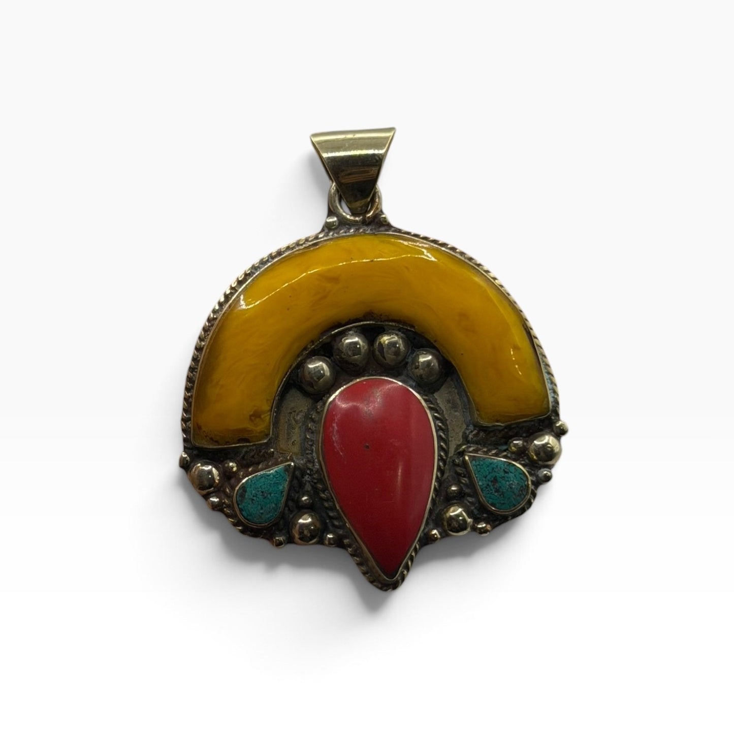 Nepalese Tibetan Style Crescent Pendant Red Coral Turquoise Yellow Resin