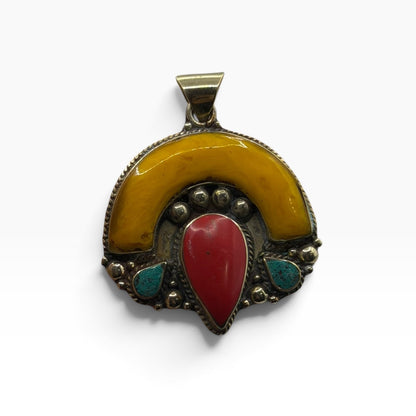 Nepalese Tibetan Style Crescent Pendant Red Coral Turquoise Yellow Resin