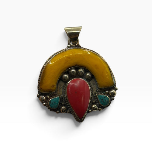 Nepalese Tibetan Style Crescent Pendant Red Coral Turquoise Yellow Resin
