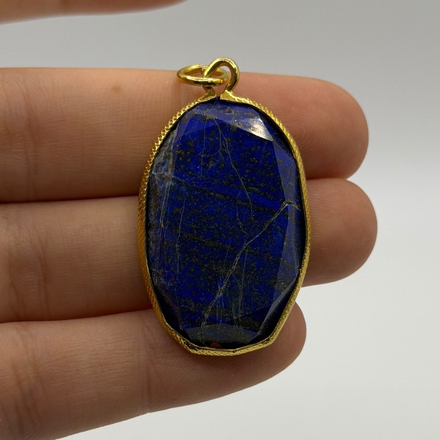 Large Natural Afghan Lapis Lazuli Oval Pendant Faceted Gemstone Gold Frame