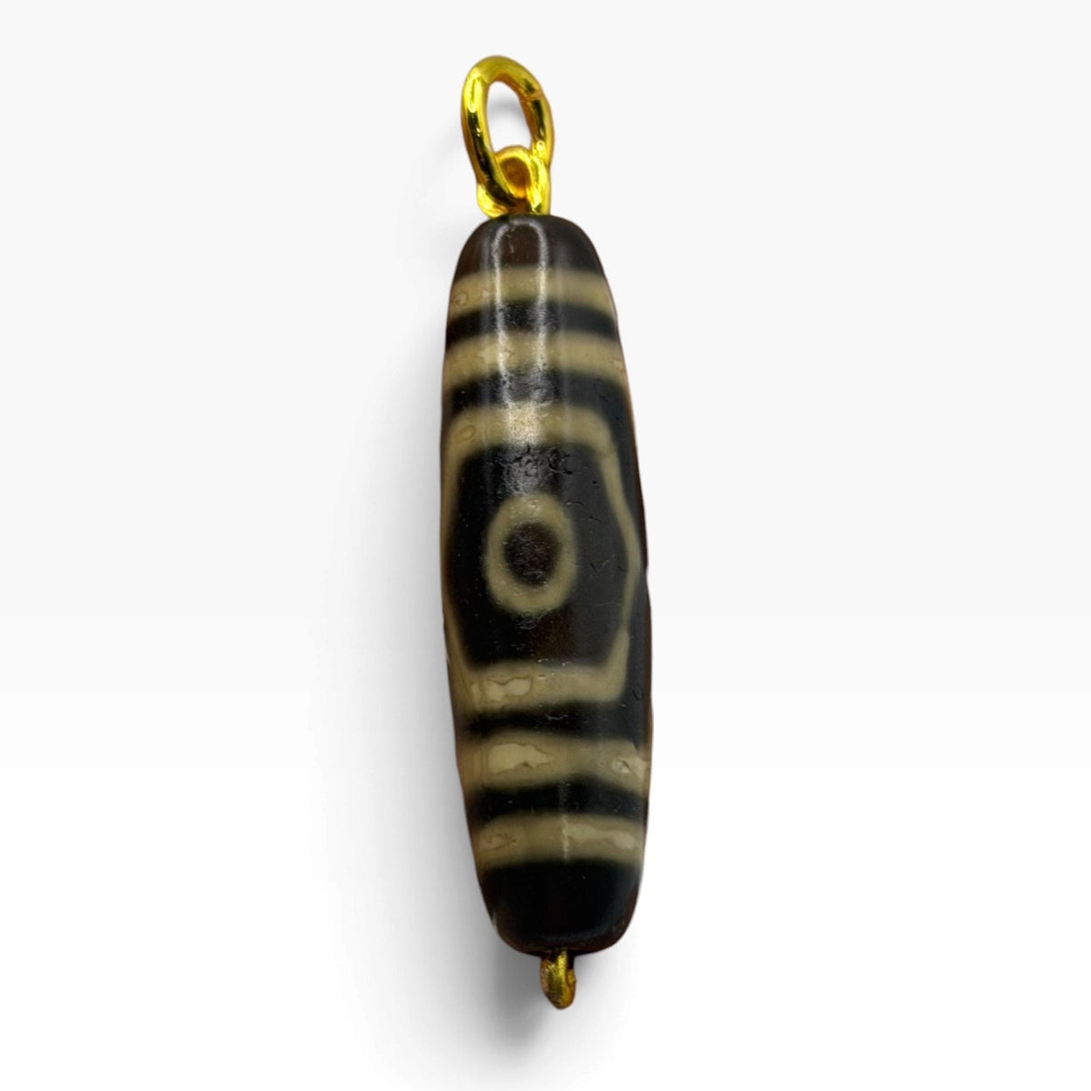 Vintage Tibetan Dzi Eye Agate Bead Tube Pendant Gold Tone Charm