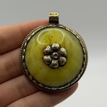 Vintage Nepalese Tribal Round Yellow Amber Resin Pendant Brass Flower Detail