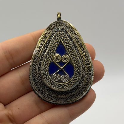 Antique Vintage Tribal Filigree Teardrop Pendant Brass Bronze Silver Wire Art