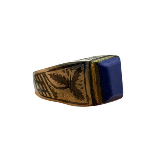 Vintage Two-Tone Ring with Hand-Etched Butterfly & Blue Lapis Stone