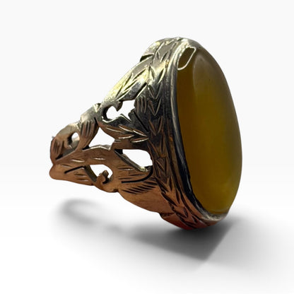 Vintage Solid Silver Yellow Chalcedony Agate Openwork Filigree Statement Ring