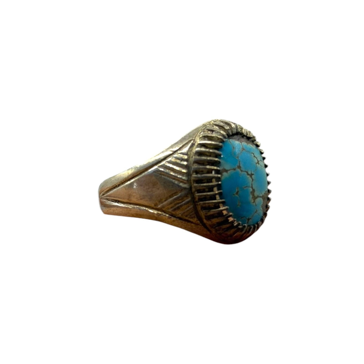 Vintage Silver Ring Turquoise Cabochon Engraved Shank