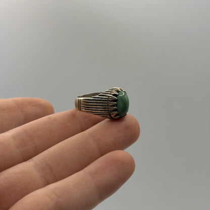 Silver Green Turquoise Cabochon Fluted Ribbed Heavy Signet Ring Band