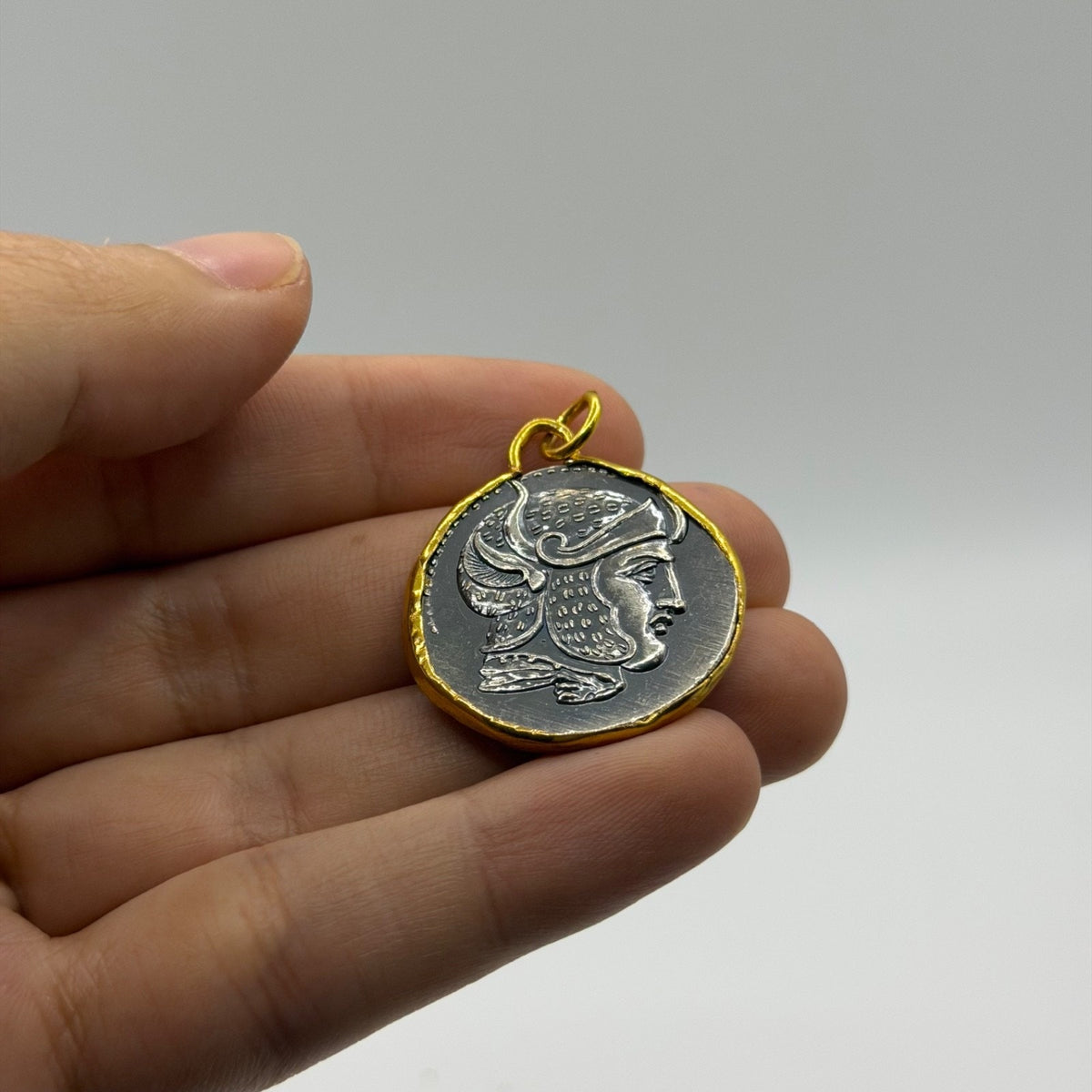 Ancient Roman Greek Style Silver & Gold Tone Coin Pendant