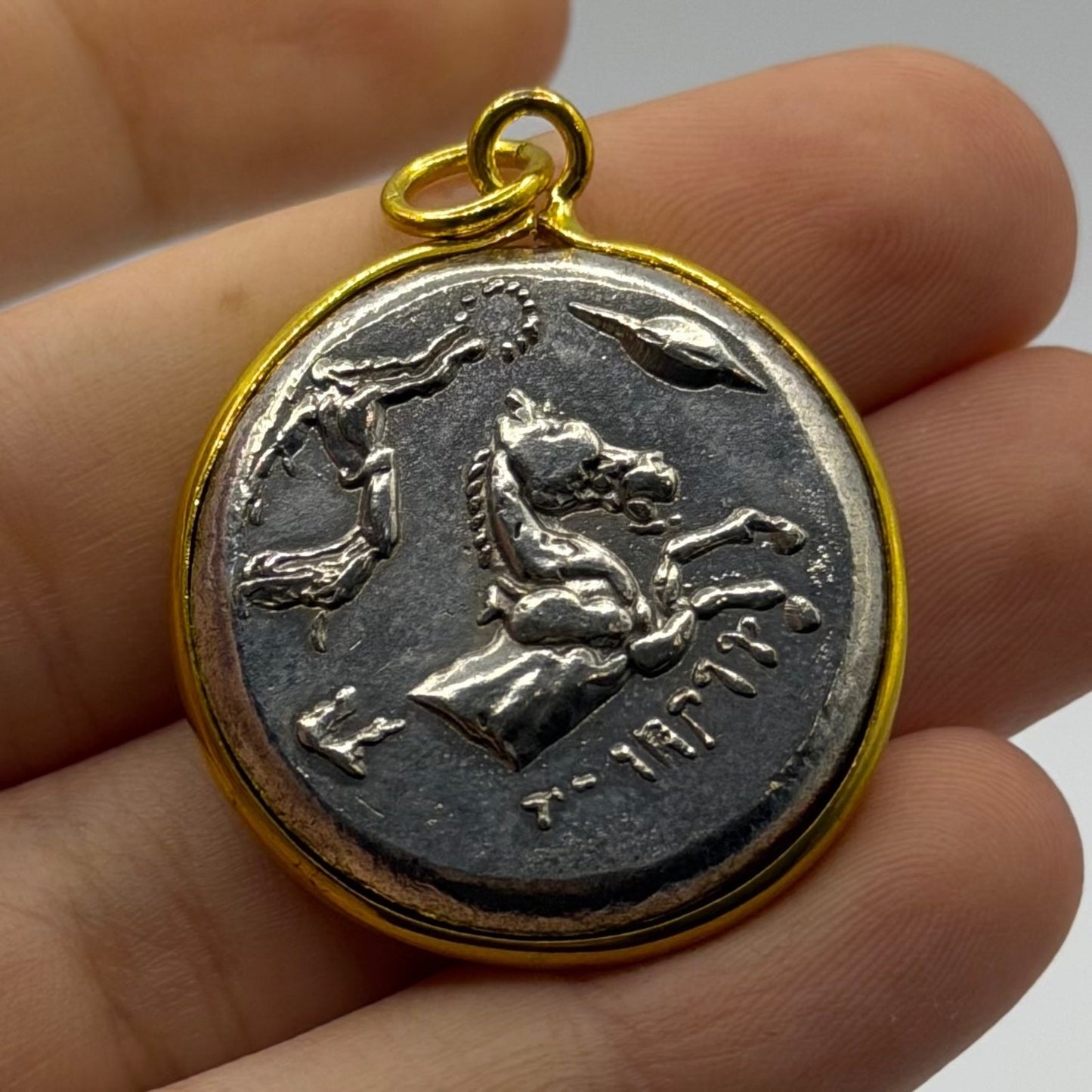 Ancient Greek Inspired Coin Gold Plated Frame Pendant