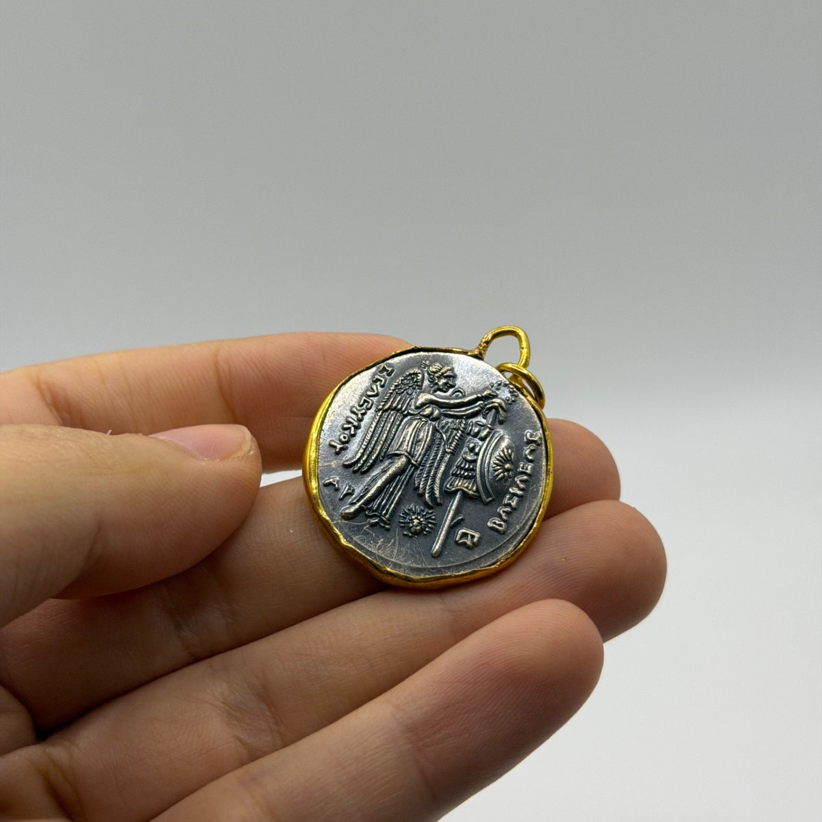 Ancient Roman Greek Style Silver & Gold Tone Coin Pendant