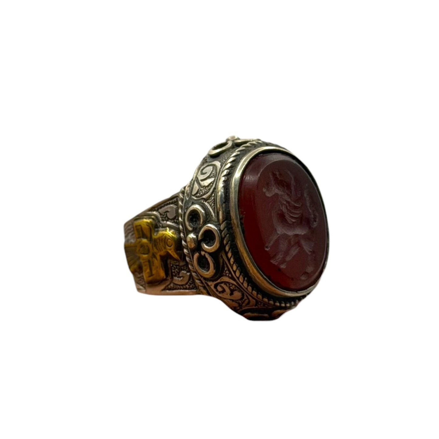Silver Filigree Intaglio Ring - Carved Carnelian Horse Motif