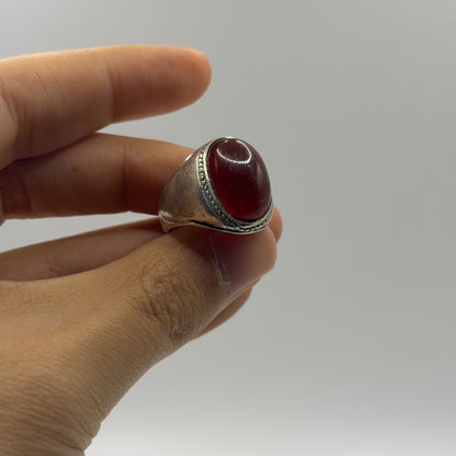 Classic Silver Solitaire Ring with Oval Red Carnelian and Beaded Bezel