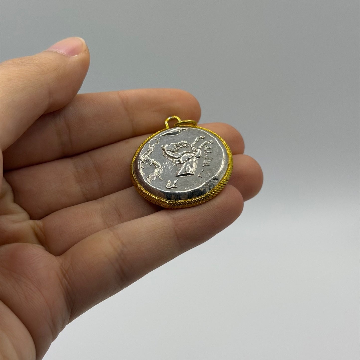 Ancient Greek Inspired Coin Gold Plated Frame Pendant