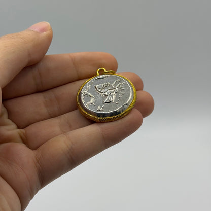 Ancient Greek Inspired Coin Gold Plated Frame Pendant