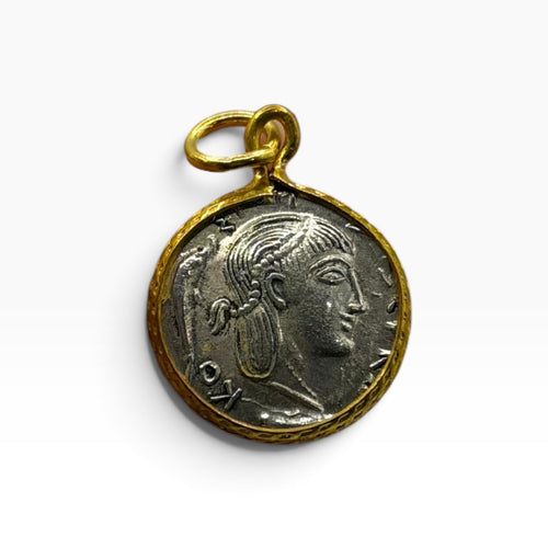 Ancient Roman Inspired goddess Vesta Ancient Coin Gold Plated Frame Pendant