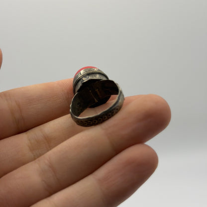 Antique Silver Filigree Ring with Round Red Coral Cabochon