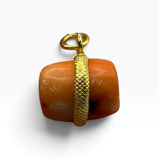 Vintage Natural Coral Barrel Pendant Gold Plated Wire Wrapped Bead Charm