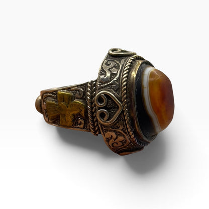 Vintage Solid Silver Banded Agate Cross Dove Symbol Statement Signet Ring