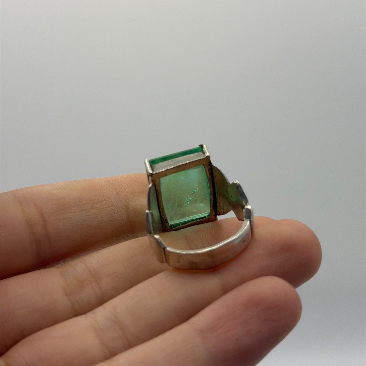Vintage Silver Emerald Cut Green Gem Ring Tiered Geometric Design