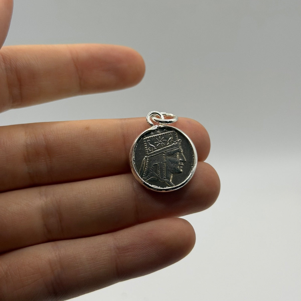 Ancient Roman Greek Style Silver Tone Coin Pendant