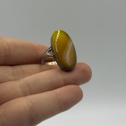 Vintage Silver Solitaire Ring with Large Oval Yellow Chalcedony Cabochon