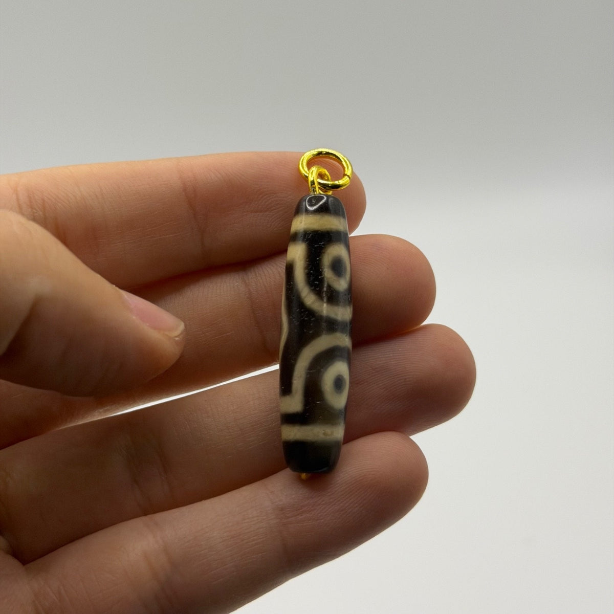 Vintage Tibetan Dzi Eye Agate Bead Tube Pendant Gold Tone Charm