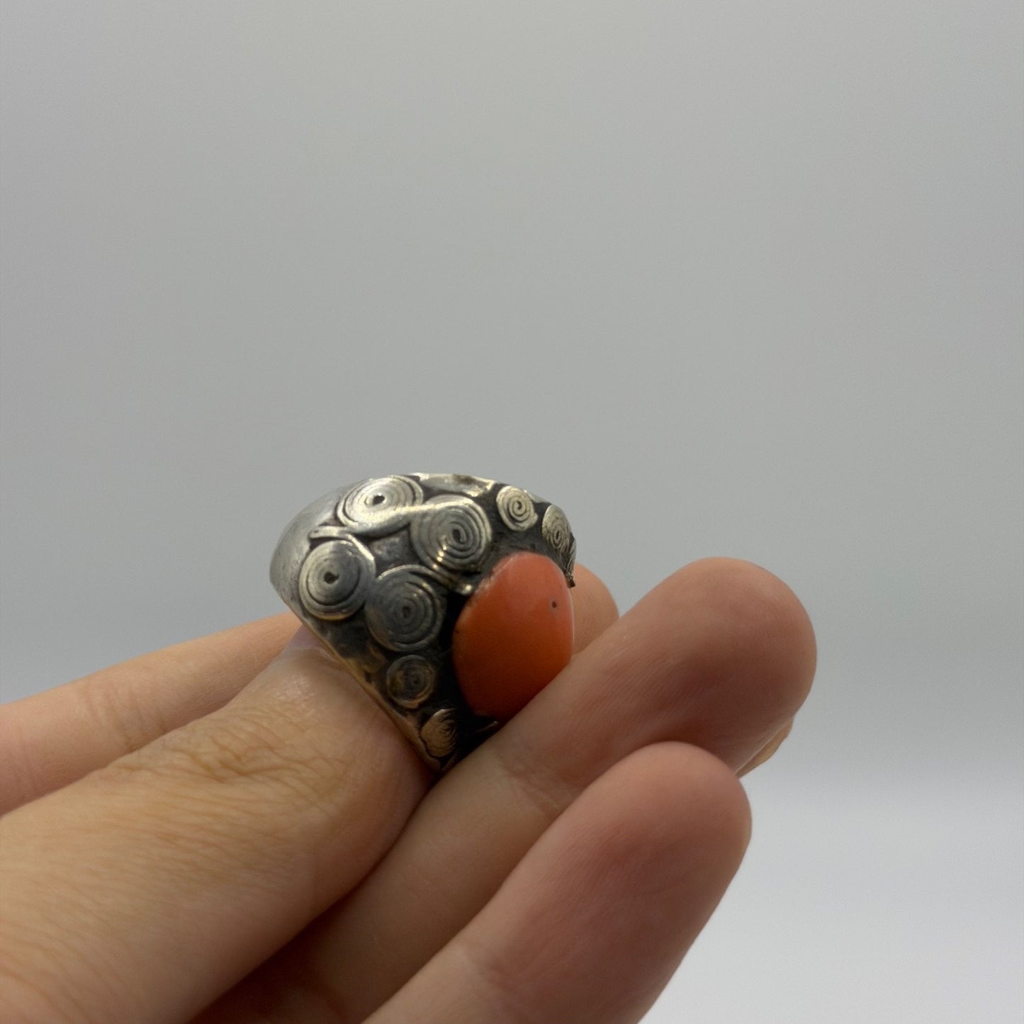 Silver Swirl Design Ring with Round Coral Cabochon