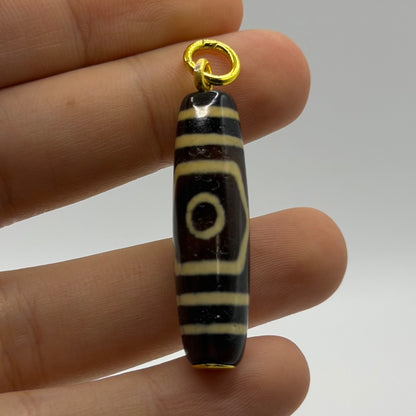 Vintage Tibetan Dzi Eye Agate Bead Tube Pendant Gold Tone Charm