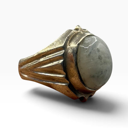 Vintage Solid Silver White Moonstone Cabochon Modernist Solitaire Statement Ring