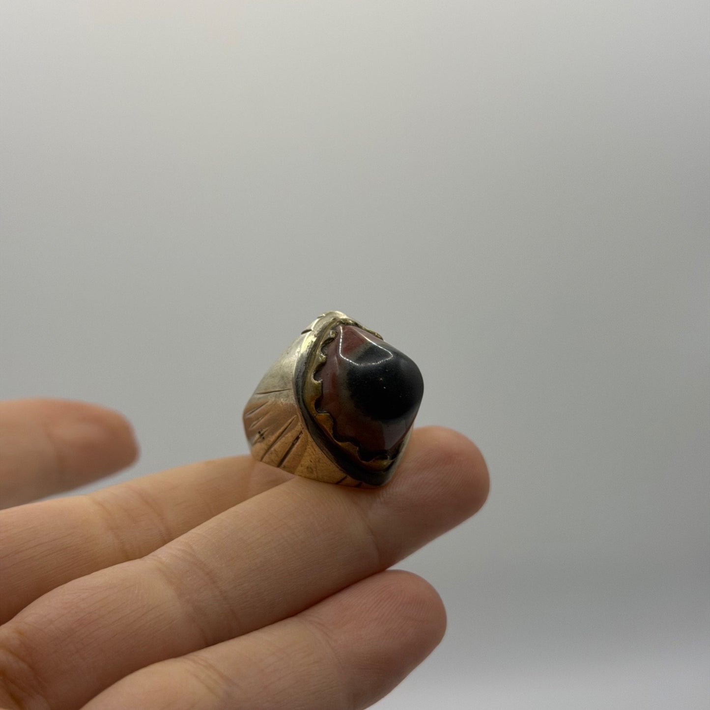 Silver Statement Ring with Large Banded Sardonyx Agate Cabochon