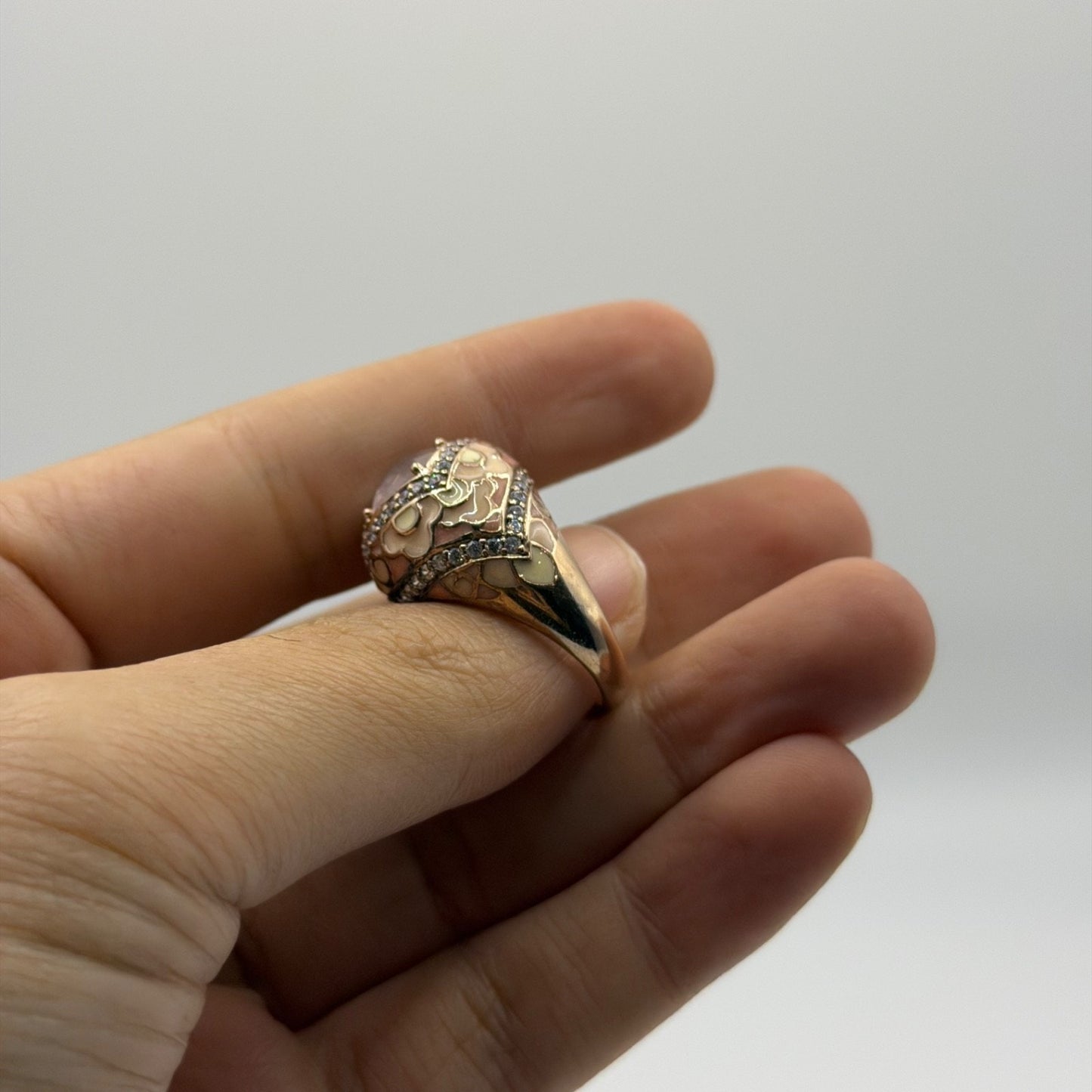 Antique Style Gold-Tone Enamel Ring w/ Rose Quartz & Pave Crystal Accents