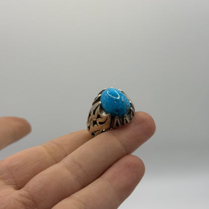 Sterling Silver Tribal Flame Design Ring with Turquoise Cabochon Stone
