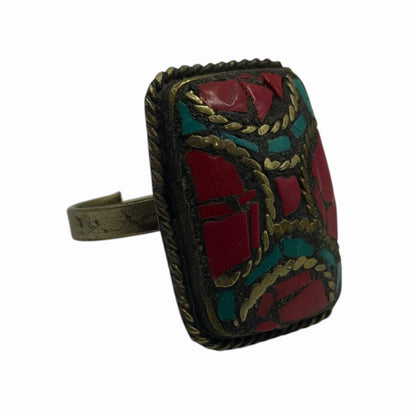 Vintage Nepalese Tribal Brass Ring With Stones