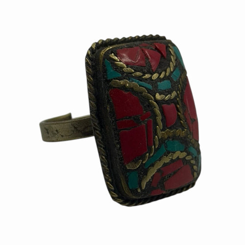 Vintage Nepalese Tribal Brass Ring With Stones