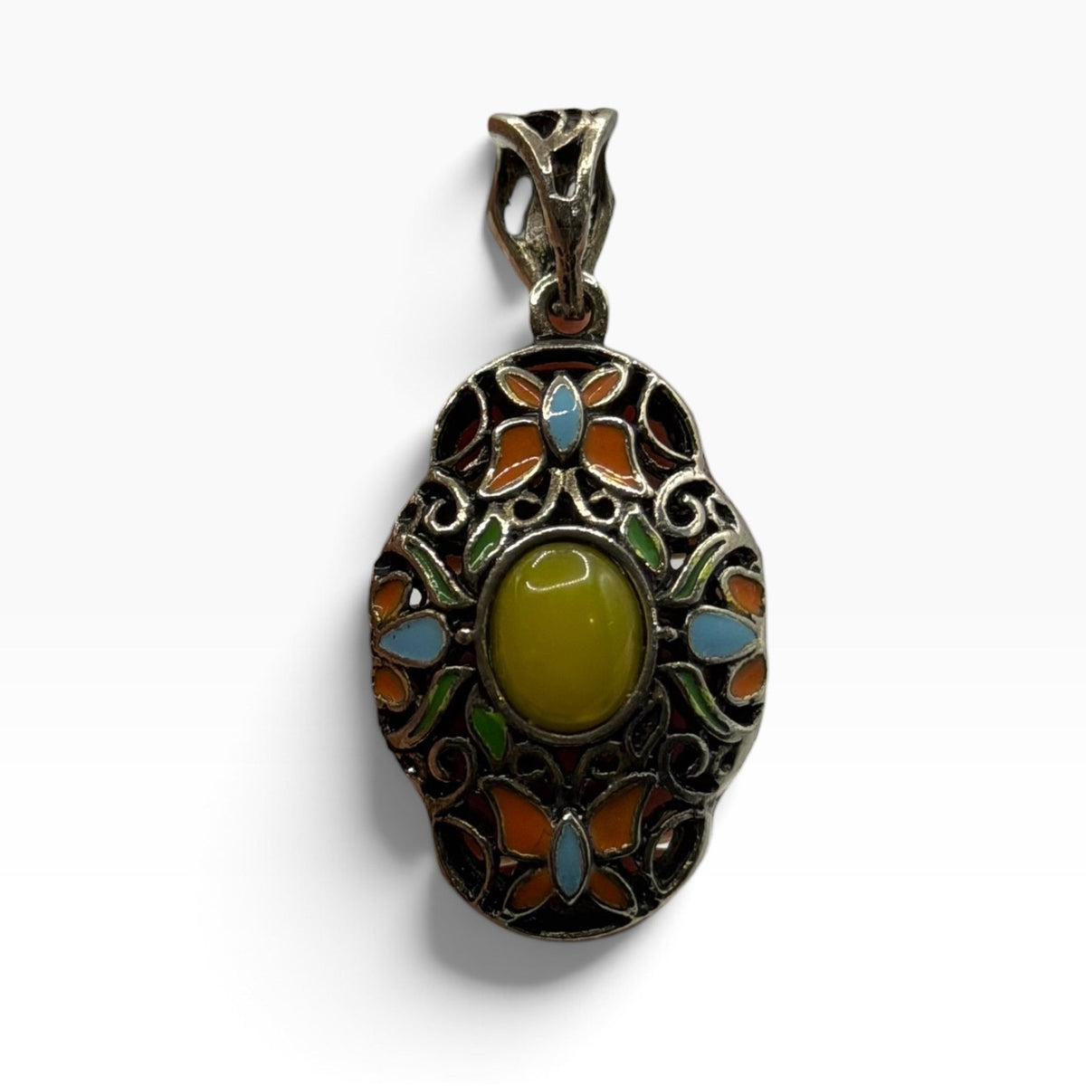 Vintage Silver Tone Enamel Butterfly Oval Pendant Yellow Cabochon