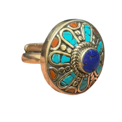 Handmade Tribal Nepalese Multi Stone Silver Tone Ring