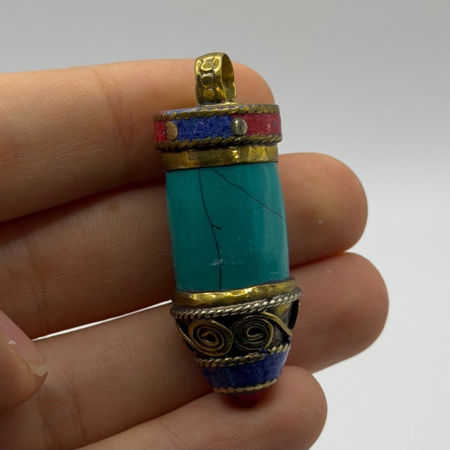 Tibetan Style Turquoise and Coral Brass Cylinder Pendant