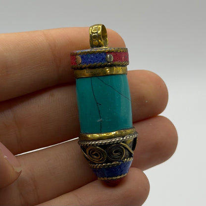 Tibetan Style Turquoise and Coral Brass Cylinder Pendant